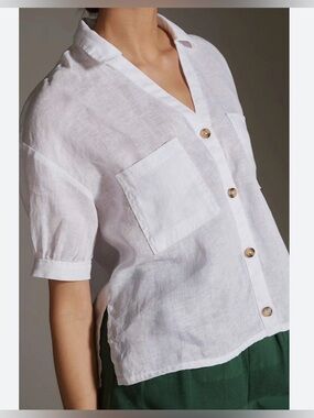 ANTHROPOLOGY PIlCRO 100% Linen Surf white short sleeve loose fit coastal blouse